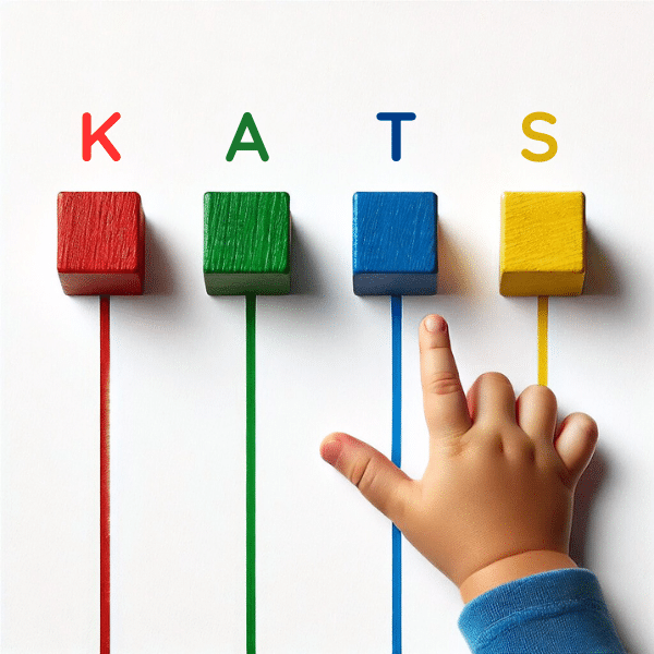 Image of a student pointing to colored blocks that represent phonemes or sounds in a word.